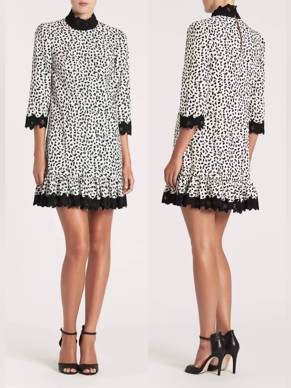 REBECCA TAYLOR La Vie Jaguar Print Black White Lace-Trim Shift Dress 100% Cotton